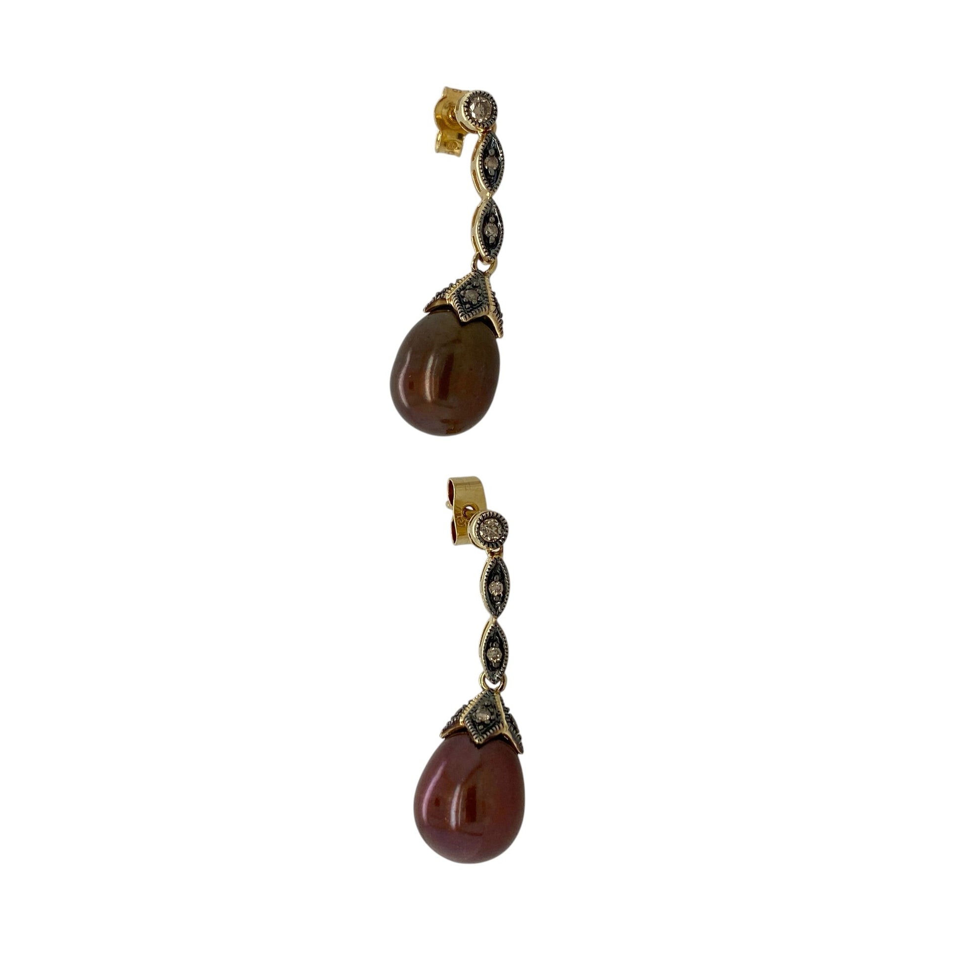 14ct Gold Diamond & Grey Pearl Drop Earrings