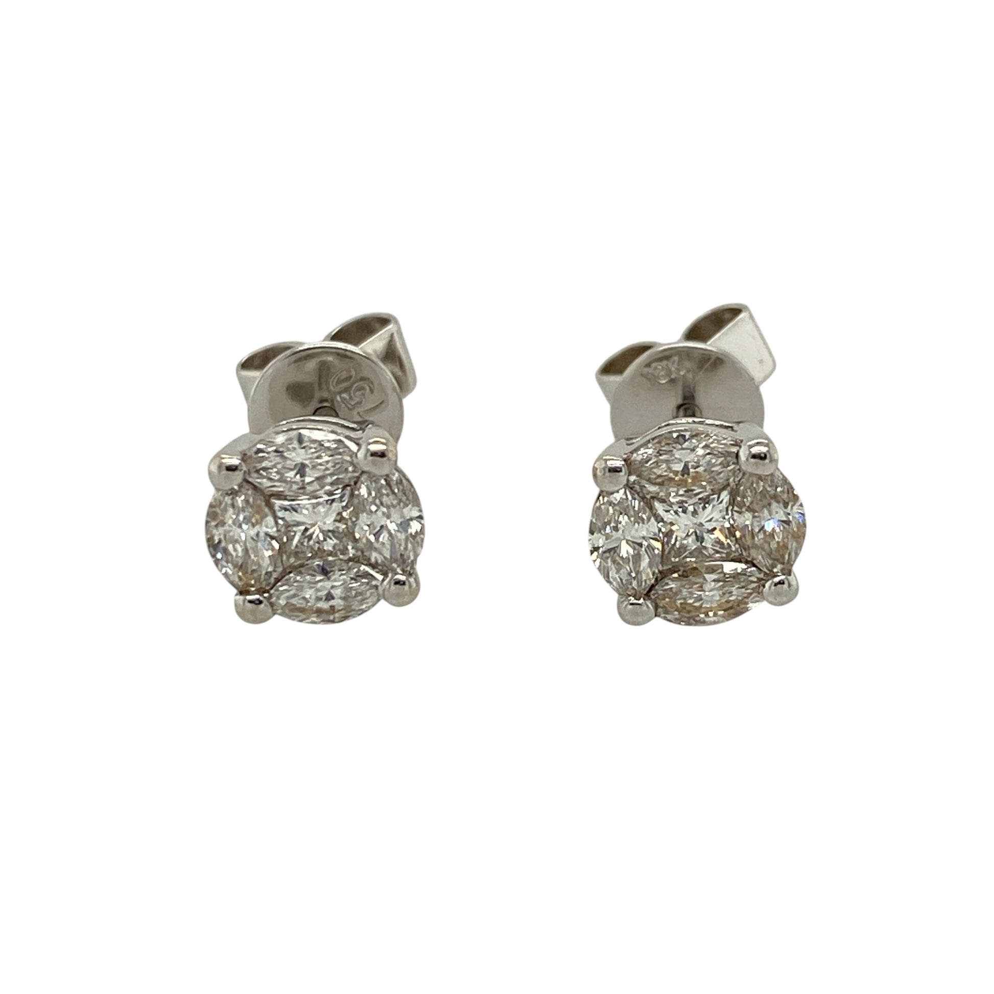 Add refined elegance and impressive sparkle to your jewellery collection with these pre-owned 18ct white gold and diamond cluster stud earrings, featuring a distinctive combination of marquise and princess cut diamonds.

Design: The earrings showcase an eye-catching cluster design, with each stud formed from four marquise cut diamonds arranged around a central princess cut diamond, creating an elegant and distinctive appearance suitable for everyday wear or special occasions.