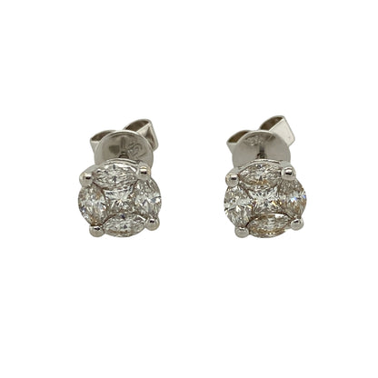 Add refined elegance and impressive sparkle to your jewellery collection with these pre-owned 18ct white gold and diamond cluster stud earrings, featuring a distinctive combination of marquise and princess cut diamonds.

Design: The earrings showcase an eye-catching cluster design, with each stud formed from four marquise cut diamonds arranged around a central princess cut diamond, creating an elegant and distinctive appearance suitable for everyday wear or special occasions.