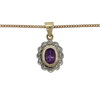 Add rich colour, refined sparkle and versatile two-tone styling to your jewellery collection with this pre-owned 9ct yellow and white gold diamond and amethyst cluster pendant necklace, featuring a classic gemstone design suspended from a 20-inch curb chain.

Design: The necklace showcases an elegant cluster pendant centred around an oval amethyst and complemented by diamond detailing, creating an attractive combination of rich colour and sparkle with a versatile two-tone appearance.