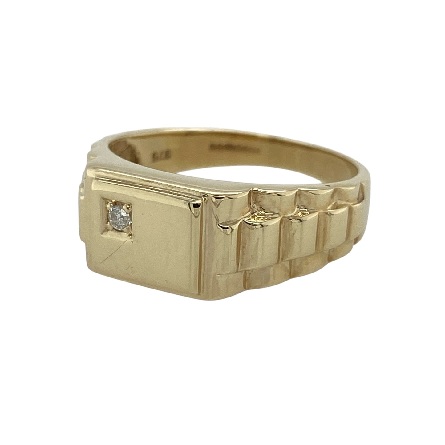 Add distinctive styling and subtle sparkle to your jewellery collection with this pre-owned 9ct yellow gold and diamond watch strap style signet ring, featuring unusual shoulder detailing and a bold, characterful design.

Design: The ring showcases a distinctive signet-style profile enhanced with watch strap inspired shoulders, creating an unusual and eye-catching appearance complemented by diamond detailing.