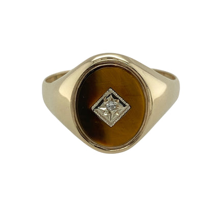 9ct Gold Diamond & Tiger's Eye Oval Signet Ring