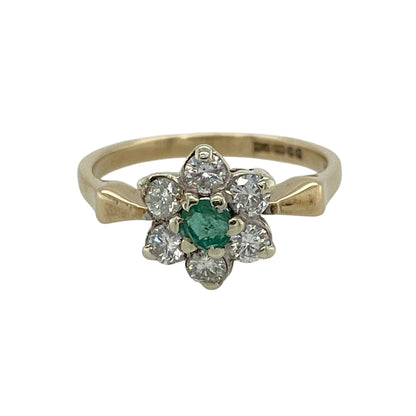9ct Gold Diamond & Emerald Flower Cluster Ring