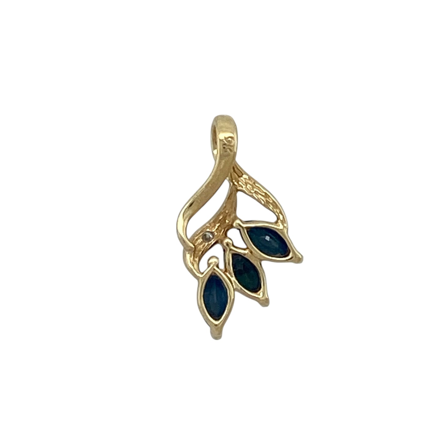 Add elegant gemstone colour and nature-inspired styling to your jewellery collection with this pre-owned 9ct yellow gold diamond and sapphire leaf style pendant, featuring a delicate arrangement of marquise cut stones.

Design: The pendant showcases an elegant leaf-inspired design formed from marquise cut stones, creating a graceful and decorative appearance enhanced with the rich colour of sapphire and subtle diamond sparkle.