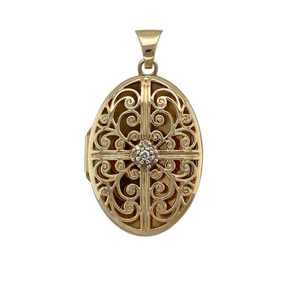 9ct Gold & Diamond Open Patterned Oval Locket