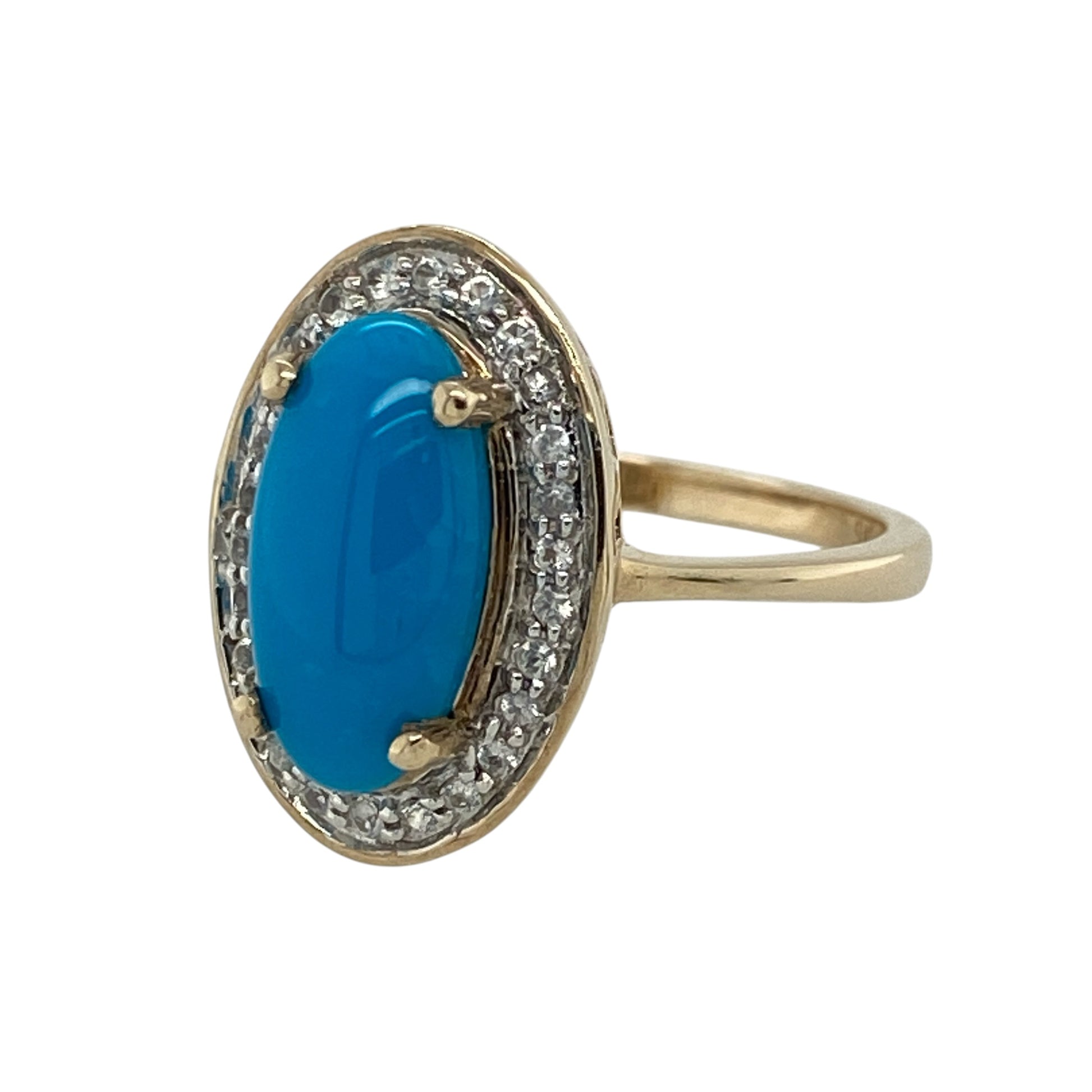Add vibrant gemstone colour and classic sparkle to your jewellery collection with this pre-owned 9ct yellow gold turquoise and cubic zirconia oval cluster ring, featuring a striking centre stone surrounded by sparkling accents.

Design: The ring showcases a traditional oval cluster design centred around a turquoise coloured stone, surrounded by cubic zirconias that create an attractive frame of sparkle and visual interest.