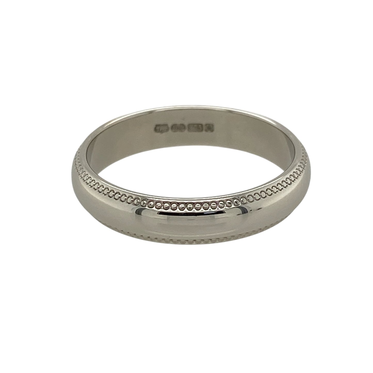 Bring classic sophistication and understated elegance to your jewellery collection with this pre-owned 9ct white gold milgrain edge wedding band ring, featuring a timeless 4mm profile and decorative detailing—perfect as a traditional wedding ring, anniversary band, or elegant everyday piece.

Design: The ring features a classic 4mm wide wedding band design, enhanced by fine milgrain edge detailing that adds subtle texture and a refined vintage-inspired finish.