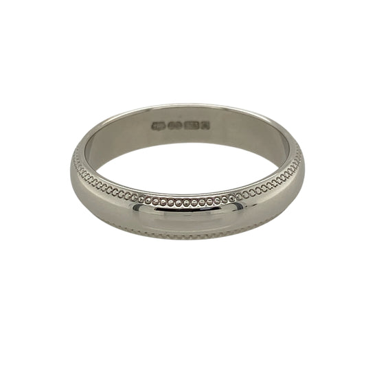 Bring classic sophistication and understated elegance to your jewellery collection with this pre-owned 9ct white gold milgrain edge wedding band ring, featuring a timeless 4mm profile and decorative detailing—perfect as a traditional wedding ring, anniversary band, or elegant everyday piece.

Design: The ring features a classic 4mm wide wedding band design, enhanced by fine milgrain edge detailing that adds subtle texture and a refined vintage-inspired finish.