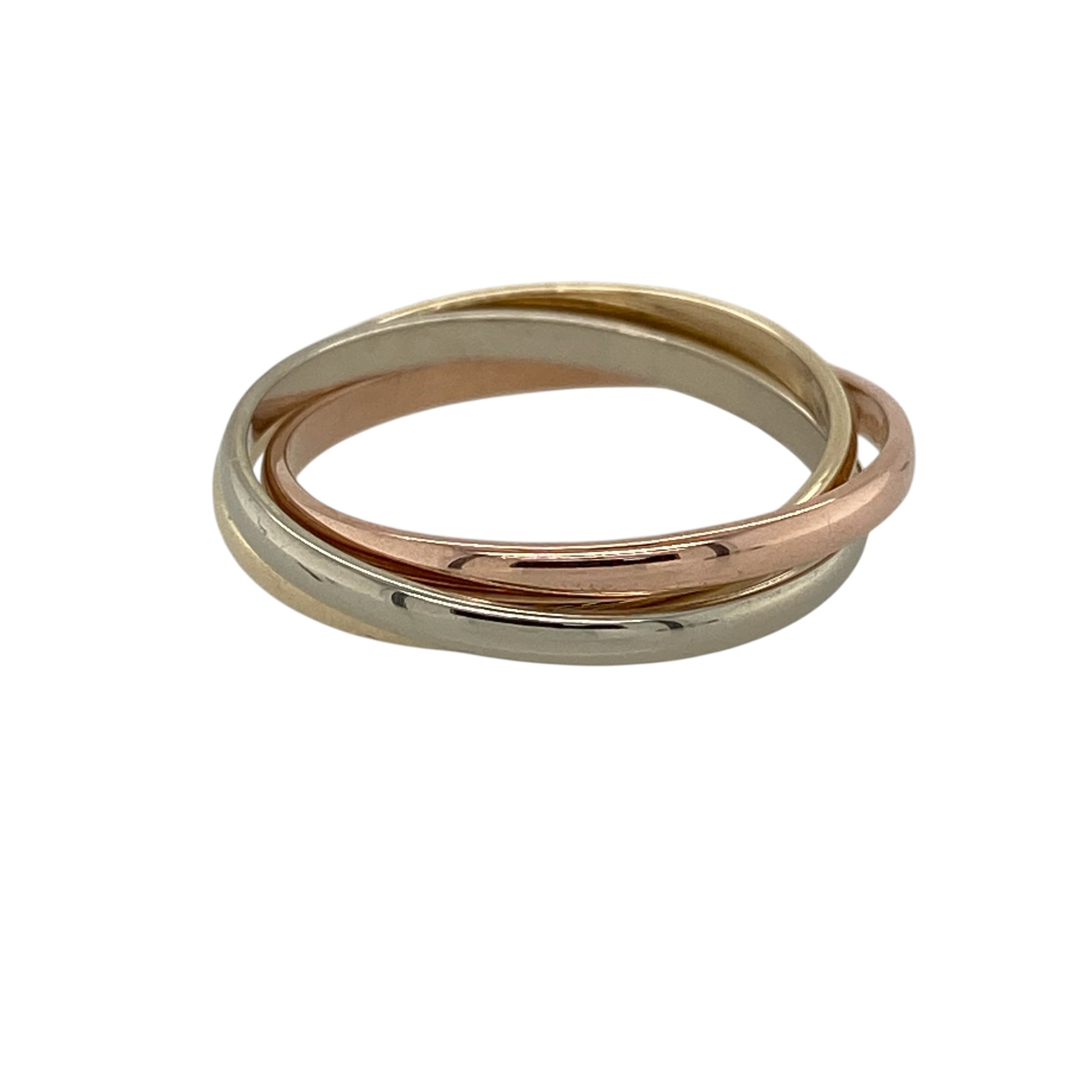 Bring timeless style and versatile elegance to your jewellery collection with this pre-owned 9ct yellow, white and rose gold three entwined band ring, featuring an interlocking tri-colour design and polished finish—perfect for everyday wear or adding a distinctive touch to any jewellery collection.

Design: The ring features three individual entwined bands in yellow, white and rose gold, creating an elegant interlocking design with a classic tri-colour appearance.