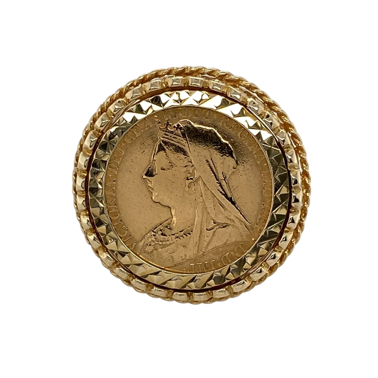 Add historic character and distinctive style to your jewellery collection with this pre-owned 9ct yellow gold half sovereign mount ring, featuring an 1898 Queen Victoria 22ct gold half sovereign coin—perfect for collectors, statement jewellery lovers, or those seeking a traditional gold coin ring.

Design: The ring features a classic yellow gold sovereign mount design, securely holding the half&nbsp;sovereign coin within a bold setting that showcases the historic coin while creating a distinctive statement