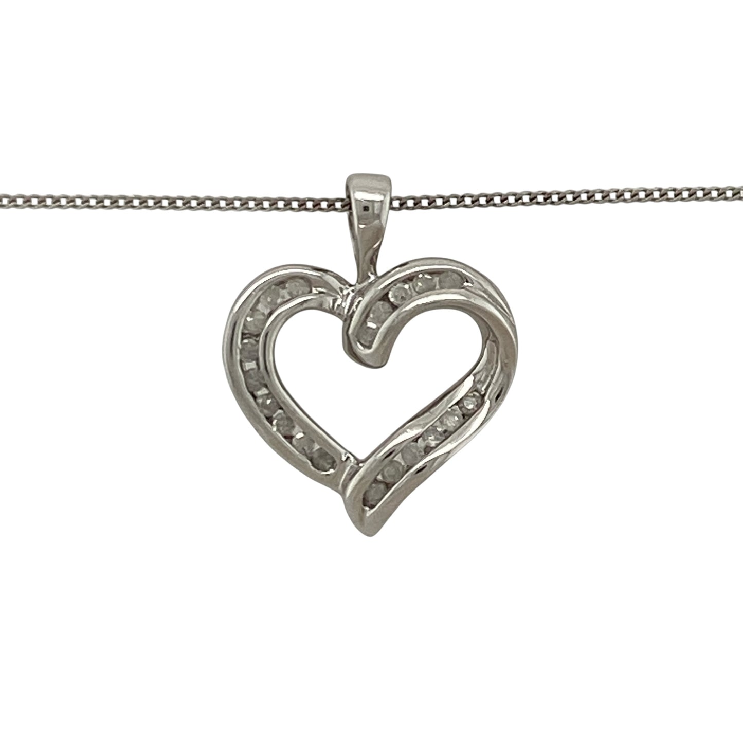 Add romantic sparkle and timeless elegance to your jewellery collection with this pre-owned 9ct white gold and diamond open heart pendant necklace, featuring a delicate heart design suspended from an 18-inch fine curb chain—perfect for everyday wear, special occasions, or as a meaningful gift for someone special.

Design: The necklace features an elegant open heart pendant accented with sparkling diamonds, creating a romantic and timeless design with a delicate, feminine appearance.