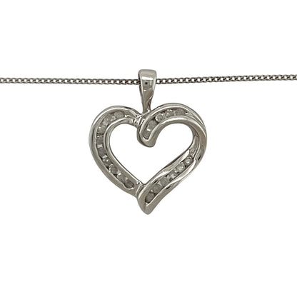Add romantic sparkle and timeless elegance to your jewellery collection with this pre-owned 9ct white gold and diamond open heart pendant necklace, featuring a delicate heart design suspended from an 18-inch fine curb chain—perfect for everyday wear, special occasions, or as a meaningful gift for someone special.

Design: The necklace features an elegant open heart pendant accented with sparkling diamonds, creating a romantic and timeless design with a delicate, feminine appearance.