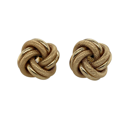 Add bold texture and timeless style to your jewellery collection with these pre-owned 9ct yellow gold 17mm patterned knot stud earrings, featuring an eye-catching interwoven design and decorative detailing—perfect for everyday wear, special occasions, or adding a statement finish to any outfit.

Design: The earrings feature a classic knot-inspired design with interwoven sections and patterned detailing, creating a distinctive and elegant appearance with timeless appeal.