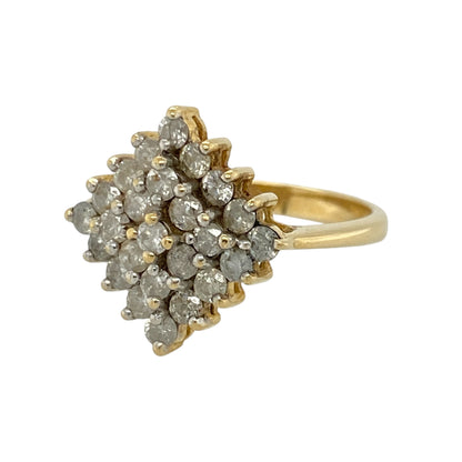 Add impressive sparkle and timeless luxury to your jewellery collection with this pre-owned 18ct yellow gold and diamond cluster ring, featuring a striking diamond-shaped arrangement and approximately 0.78ct of total diamond content—perfect as a statement ring, anniversary gift, special occasion piece, or luxurious addition to a fine jewellery collection.

Design: The ring features an eye-catching diamond-shaped cluster design, with multiple sparkling diamonds arranged to create a bold geometric focal point