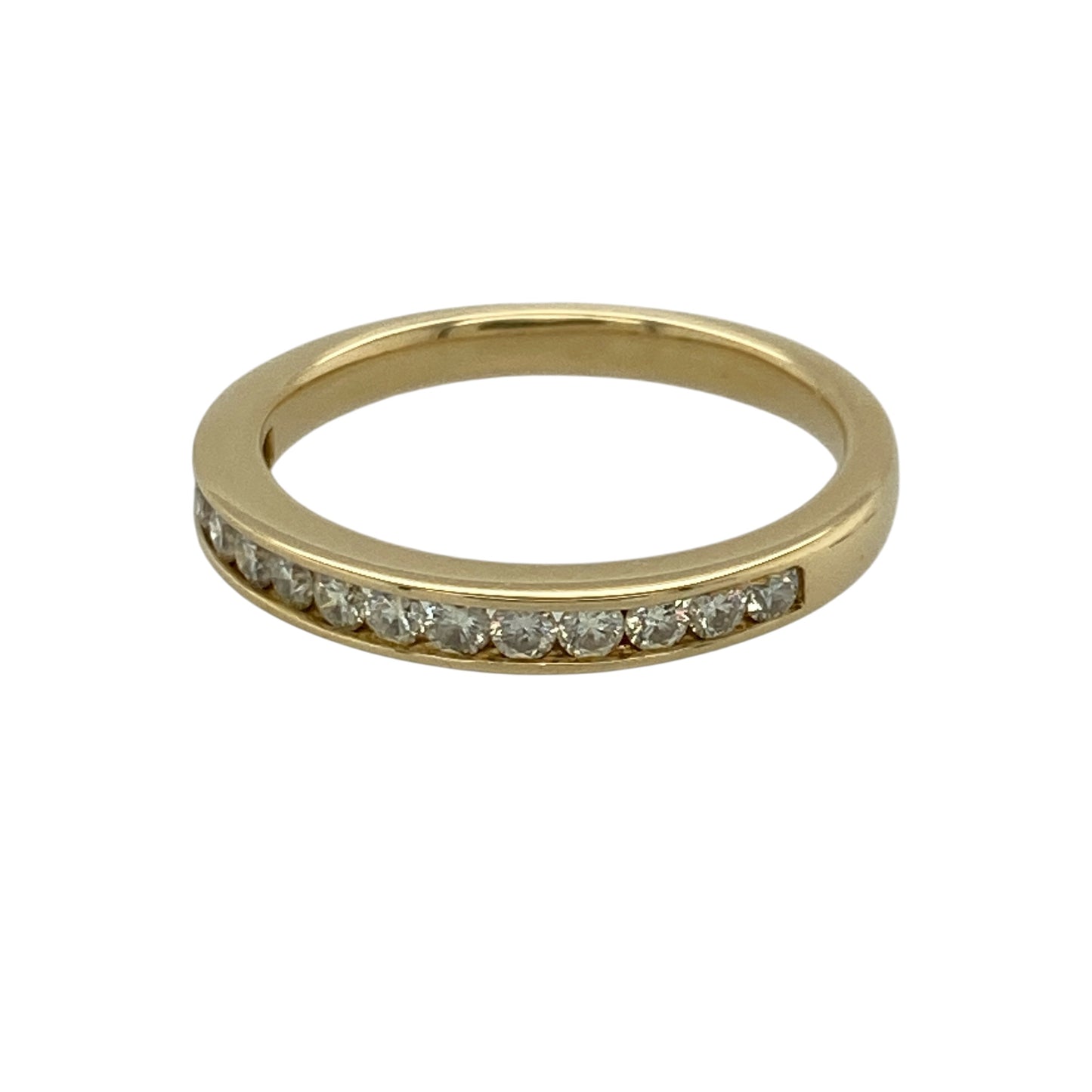 Add timeless sparkle and refined luxury to your jewellery collection with this pre-owned 18ct yellow gold and diamond band ring, featuring a sleek profile and approximately 0.30ct of total diamond content—perfect as a diamond wedding band, anniversary ring, stacking ring, or elegant piece for everyday wear and special occasions.

Design: The ring features a classic diamond band design with sparkling diamonds arranged across the front, creating an elegant and versatile appearance