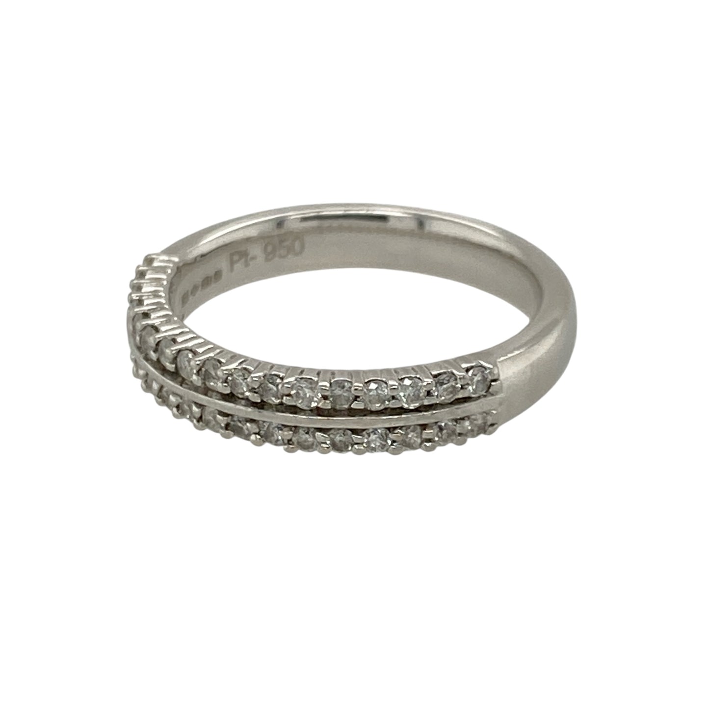 Add contemporary sparkle and luxurious style to your jewellery collection with this pre-owned platinum and diamond double row band ring, featuring two rows of sparkling diamonds across a refined 3mm wide front—perfect as an anniversary ring, wedding band, stacking ring, or sophisticated piece of fine jewellery.

Design: The ring features an elegant double row band design, with diamonds arranged across the front to create a distinctive layered appearance and eye-catching sparkle.
