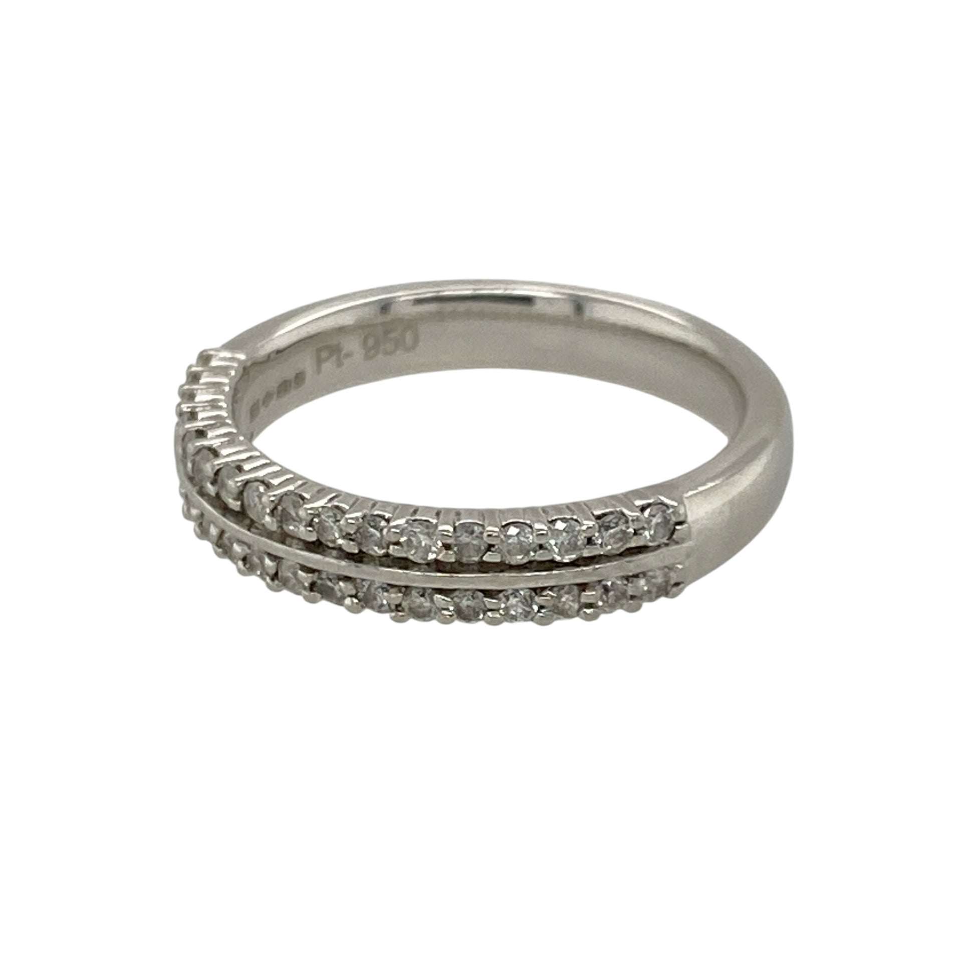 Add contemporary sparkle and luxurious style to your jewellery collection with this pre-owned platinum and diamond double row band ring, featuring two rows of sparkling diamonds across a refined 3mm wide front—perfect as an anniversary ring, wedding band, stacking ring, or sophisticated piece of fine jewellery.

Design: The ring features an elegant double row band design, with diamonds arranged across the front to create a distinctive layered appearance and eye-catching sparkle.
