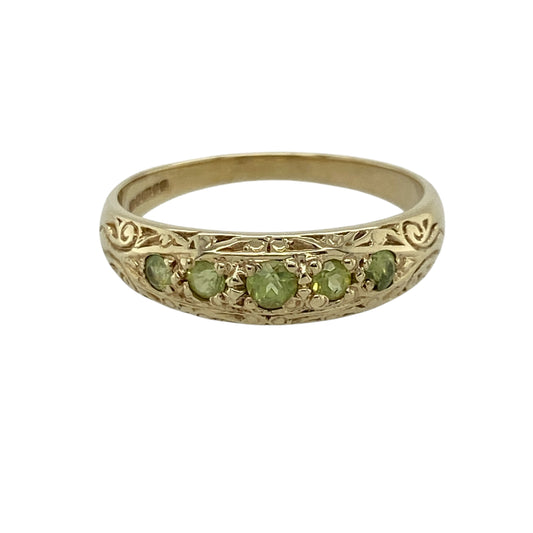 9ct Gold & Peridot Five Stone Patterned Band Ring