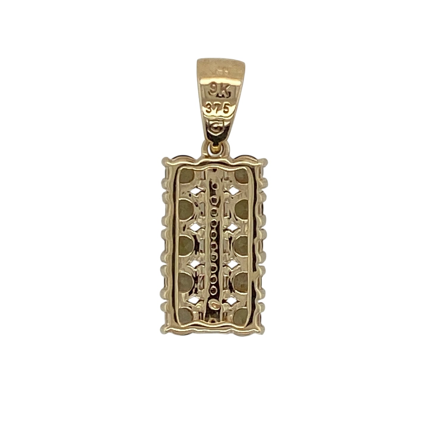 Add rich natural colour and contemporary style to your jewellery collection with this pre-owned 9ct yellow gold rectangular pendant, featuring multiple round green and brown stones in a striking geometric design—perfect for everyday wear, special occasions, or adding a distinctive gemstone pendant to your jewellery collection.

Design: The pendant features a modern rectangular design set with multiple round green and brown stones, creating an eye-catching combination of earthy tones and contemporary styling