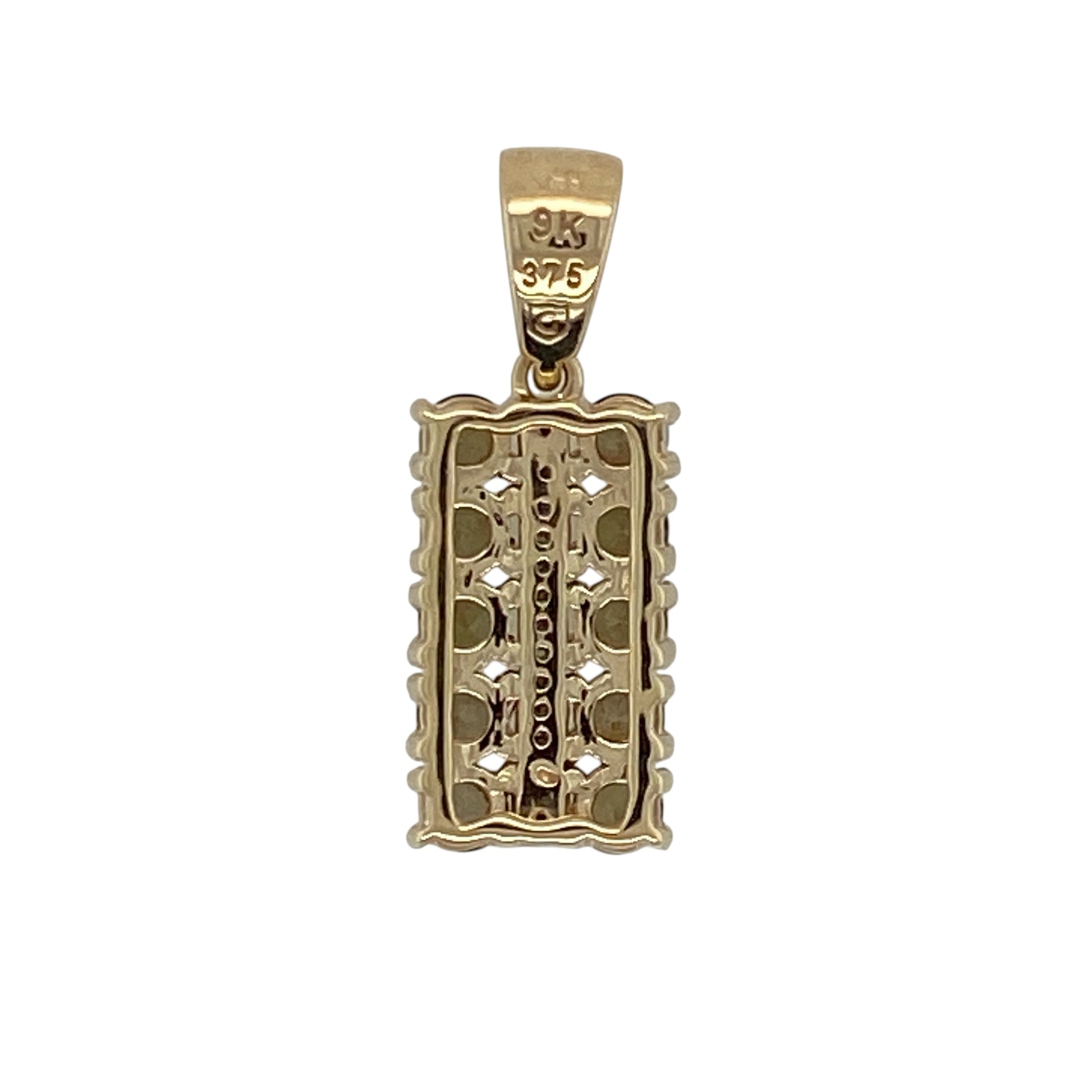 Add rich natural colour and contemporary style to your jewellery collection with this pre-owned 9ct yellow gold rectangular pendant, featuring multiple round green and brown stones in a striking geometric design—perfect for everyday wear, special occasions, or adding a distinctive gemstone pendant to your jewellery collection.

Design: The pendant features a modern rectangular design set with multiple round green and brown stones, creating an eye-catching combination of earthy tones and contemporary styling