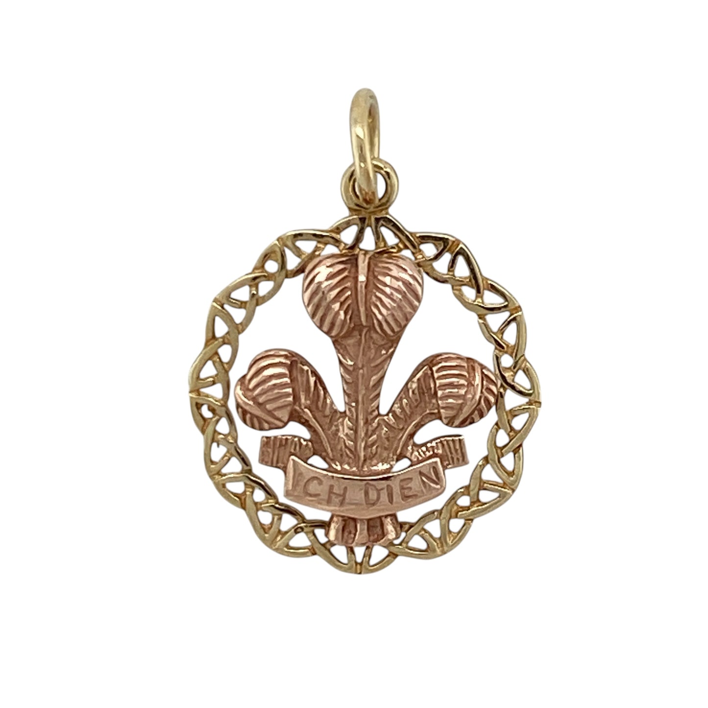 9ct Gold Welsh Three Feathers Round Celtic Pendant