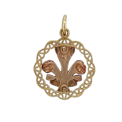 Celebrate Welsh heritage and timeless style with this pre-owned 9ct yellow and rose gold Welsh Three Feathers pendant, featuring the iconic Prince of Wales feathers framed by an intricate Celtic knot weave surround—perfect for everyday wear or as a meaningful gift.

Design: The pendant showcases the traditional Welsh Three Feathers emblem at its centre, beautifully framed by a round Celtic knot weave border, creating a striking design that celebrates Welsh heritage and craftsmanship.