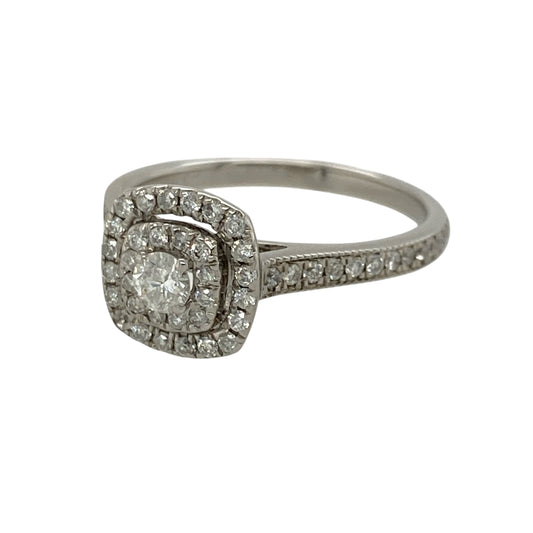 Add exceptional brilliance and contemporary elegance to your jewellery collection with this pre-owned 9ct white gold diamond double halo ring, featuring approximately 0.50ct of total diamond content with sparkling double halo detailing and diamond-set shoulders—perfect as an engagement ring, anniversary gift, or luxurious statement piece.

Design: The ring features a dazzling double halo design surrounding the centre cluster, with diamonds continuing along half of the band to create an elegant look