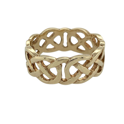 Celebrate timeless Celtic style with this pre-owned 9ct yellow gold open Celtic knot band ring, featuring an interwoven design that creates a bold yet elegant look—perfect for everyday wear, special occasions, or as a meaningful gift.

Design: The ring features an open Celtic knot pattern with flowing, interlaced sections that create a distinctive and symbolic design inspired by traditional Celtic motifs.