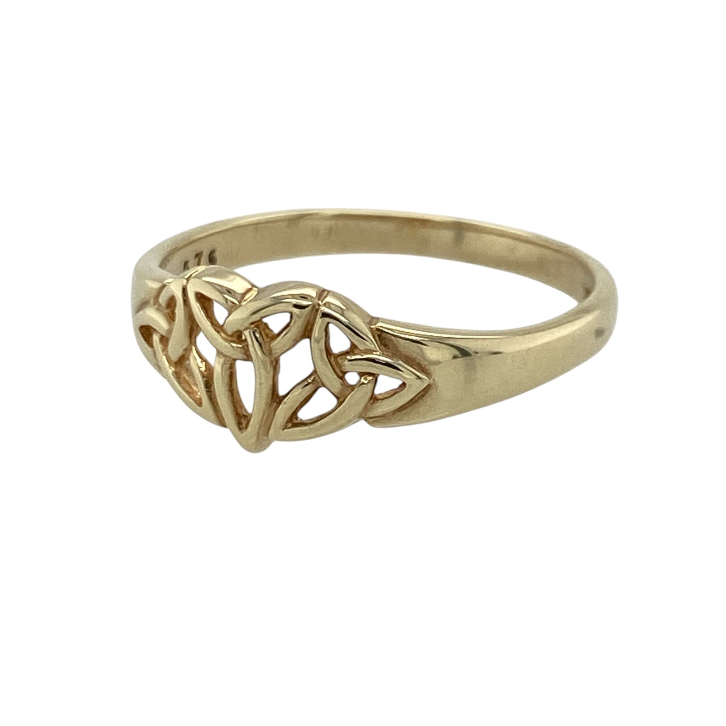 Celebrate traditional Celtic symbolism with this pre-owned 9ct yellow gold open three-triskele knot ring, featuring a flowing openwork design that creates a distinctive and meaningful look—perfect for everyday wear, special occasions, or as a thoughtful gift.

Design: The front of the ring features three triskele-style Celtic knot motifs arranged in an openwork design, creating an eye-catching pattern inspired by traditional Celtic symbolism.