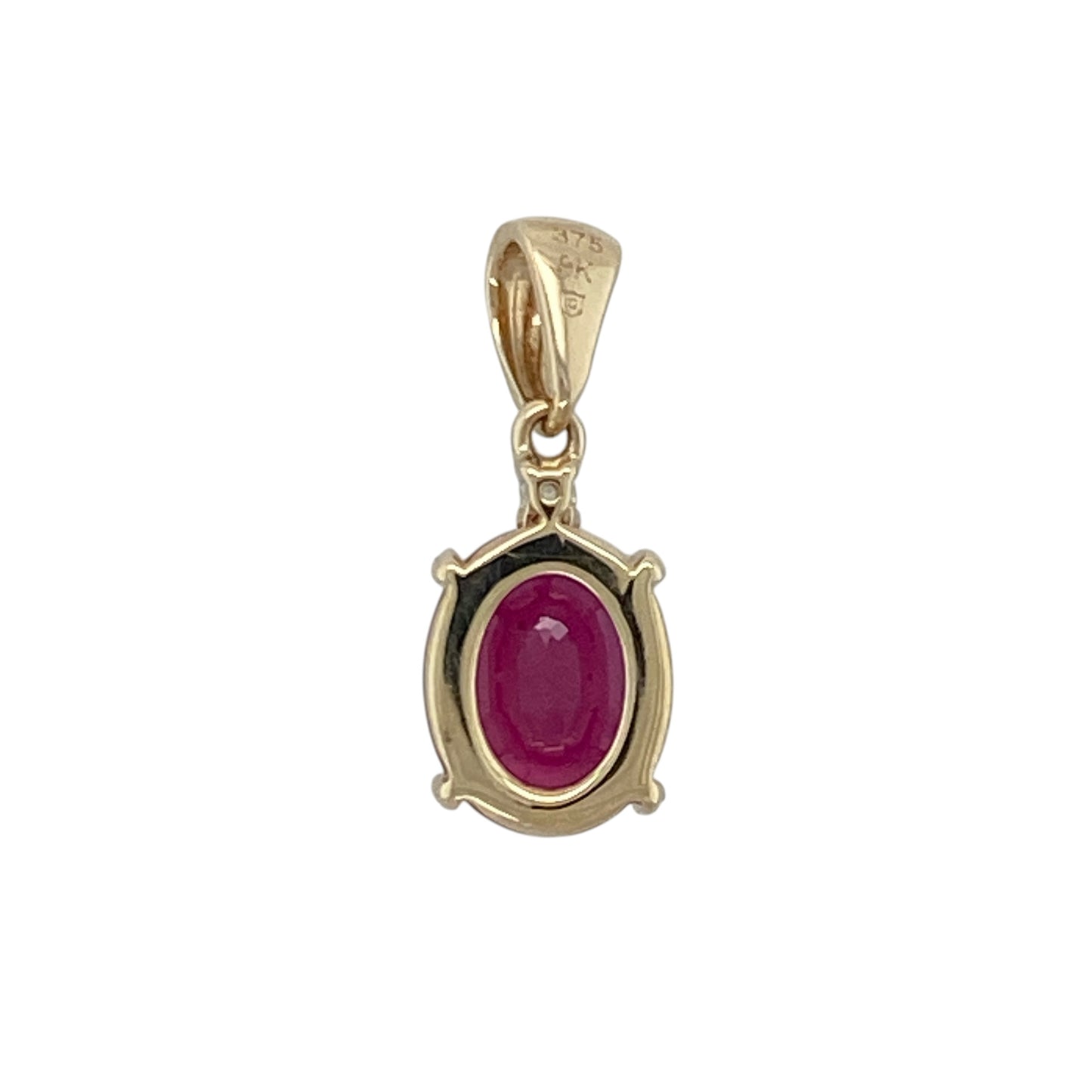 Add a vibrant pop of colour to your jewellery collection with this pre-owned 9ct yellow gold ruby and cubic zirconia pendant. Featuring a striking oval ruby surrounded by sparkling cubic zirconias, this elegant pendant is perfect for everyday wear or special occasions.

Design: The pendant showcases a beautiful 10mm by 8mm oval ruby at its centre, framed by shimmering cubic zirconias that enhance its rich red colour and timeless appeal.