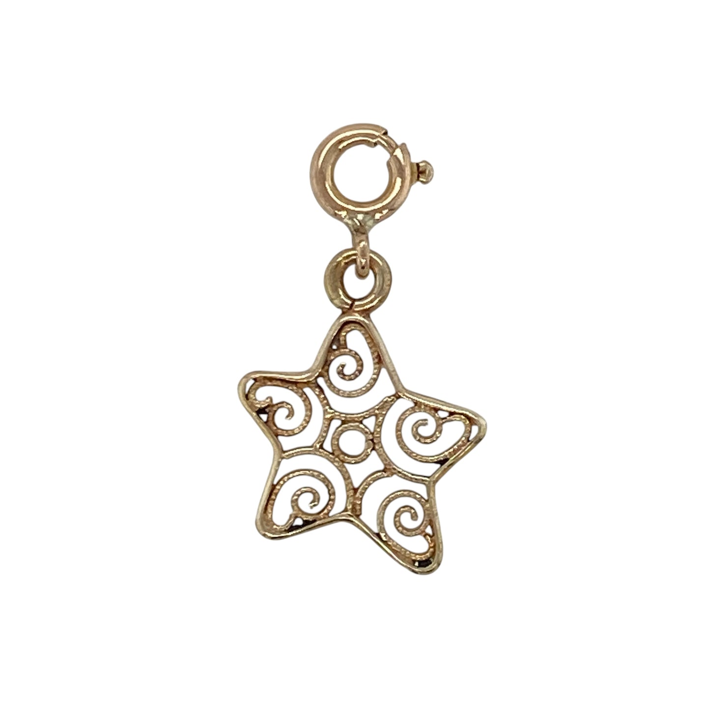 Add a unique finishing touch to your favourite bracelet or necklace with this pre-owned 9ct yellow gold swirl patterned star-shaped clip-on charm. Featuring an elegant swirling design within a classic star outline, this lightweight charm is perfect for creating a personalised jewellery collection.

Design: The charm showcases an open star shape with a decorative swirl pattern at its centre, creating an eye-catching design with a polished finish.