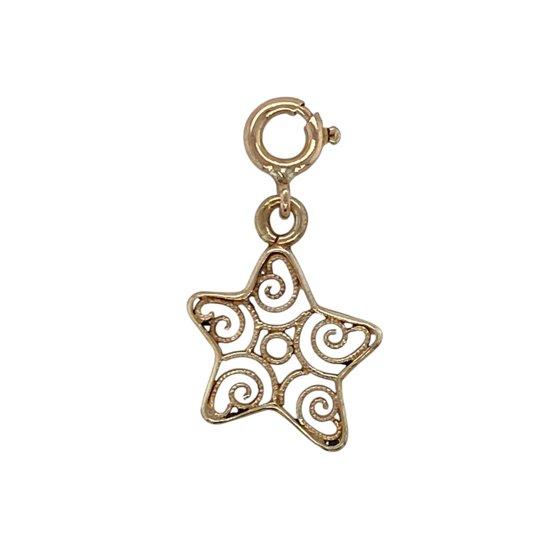 Add a unique finishing touch to your favourite bracelet or necklace with this pre-owned 9ct yellow gold swirl patterned star-shaped clip-on charm. Featuring an elegant swirling design within a classic star outline, this lightweight charm is perfect for creating a personalised jewellery collection.

Design: The charm showcases an open star shape with a decorative swirl pattern at its centre, creating an eye-catching design with a polished finish.
