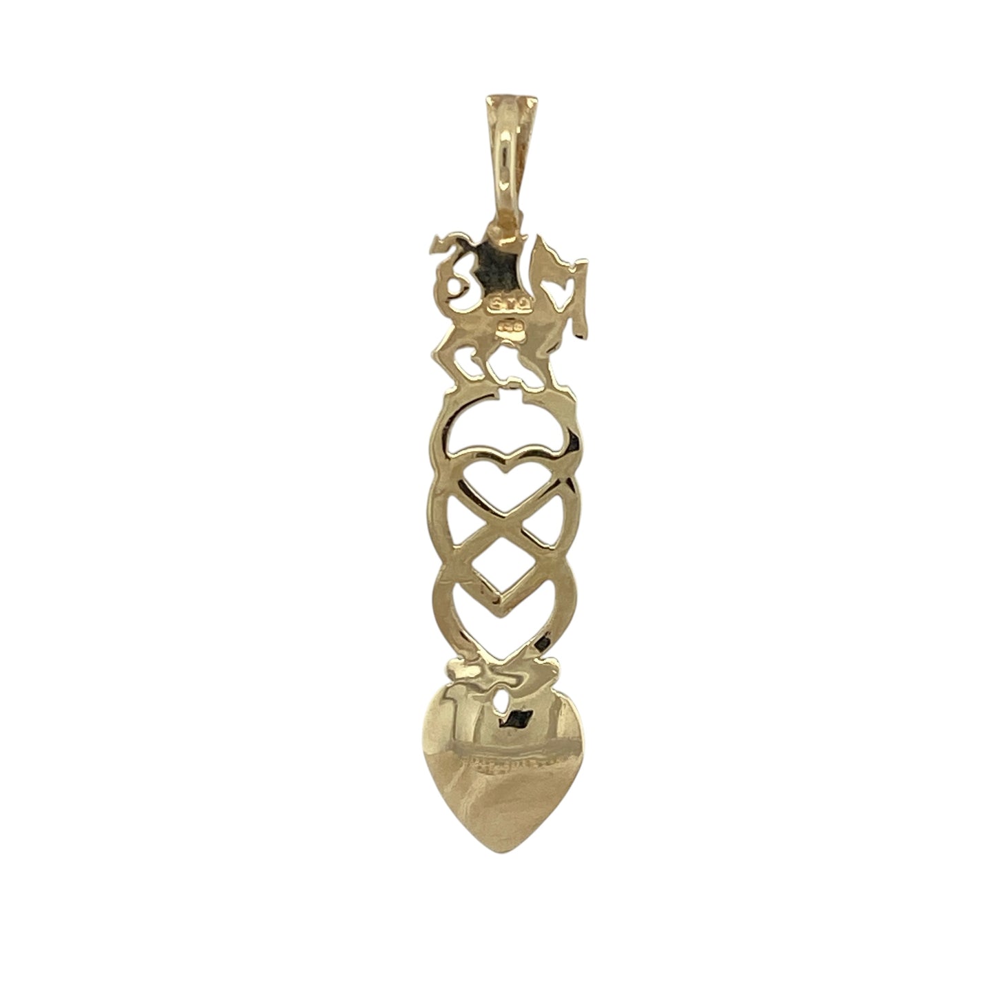Celebrate Welsh tradition with this pre-owned 9ct yellow gold Welsh Dragon Celtic heart style lovespoon pendant. Combining the iconic Welsh dragon with a traditional lovespoon-inspired heart design, this meaningful pendant makes a wonderful gift or keepsake for anyone proud of their Welsh heritage.

Design: The pendant features a Celtic-inspired heart lovespoon design incorporating the iconic Welsh dragon, symbolising love, loyalty, strength, and Welsh pride in one elegant piece.