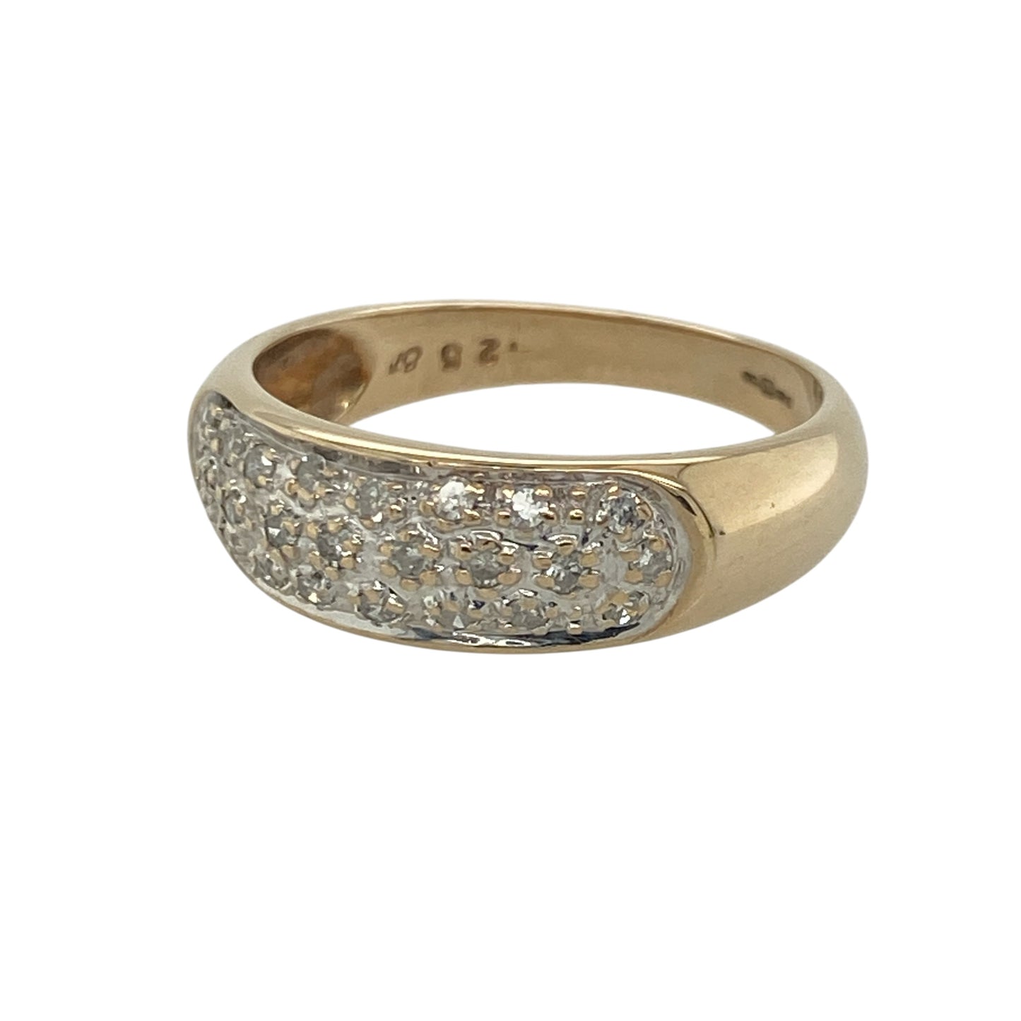 Add timeless sparkle to your jewellery collection with this pre-owned 9ct yellow and white gold diamond band ring. Featuring a wide white gold diamond-set front, this elegant two-tone design is perfect as a statement ring, dress ring or modern wedding band.

Design: The front of the band measures approximately 6mm wide and features pavé-set diamonds in a white gold setting, creating a brilliant display of sparkle against the yellow gold band.