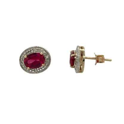 9ct Gold Diamond & Ruby Oval Cluster Stud Earrings