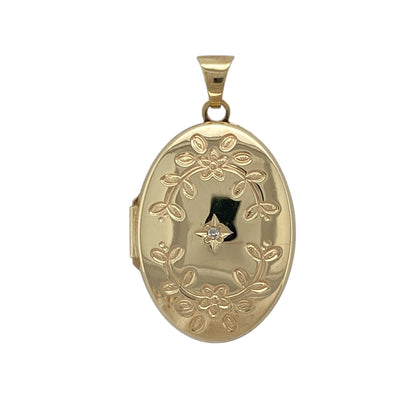9ct Gold & Diamond Flower Patterned Oval Locket