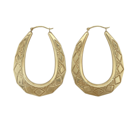 9ct Gold Patterned Oval Creole Earrings