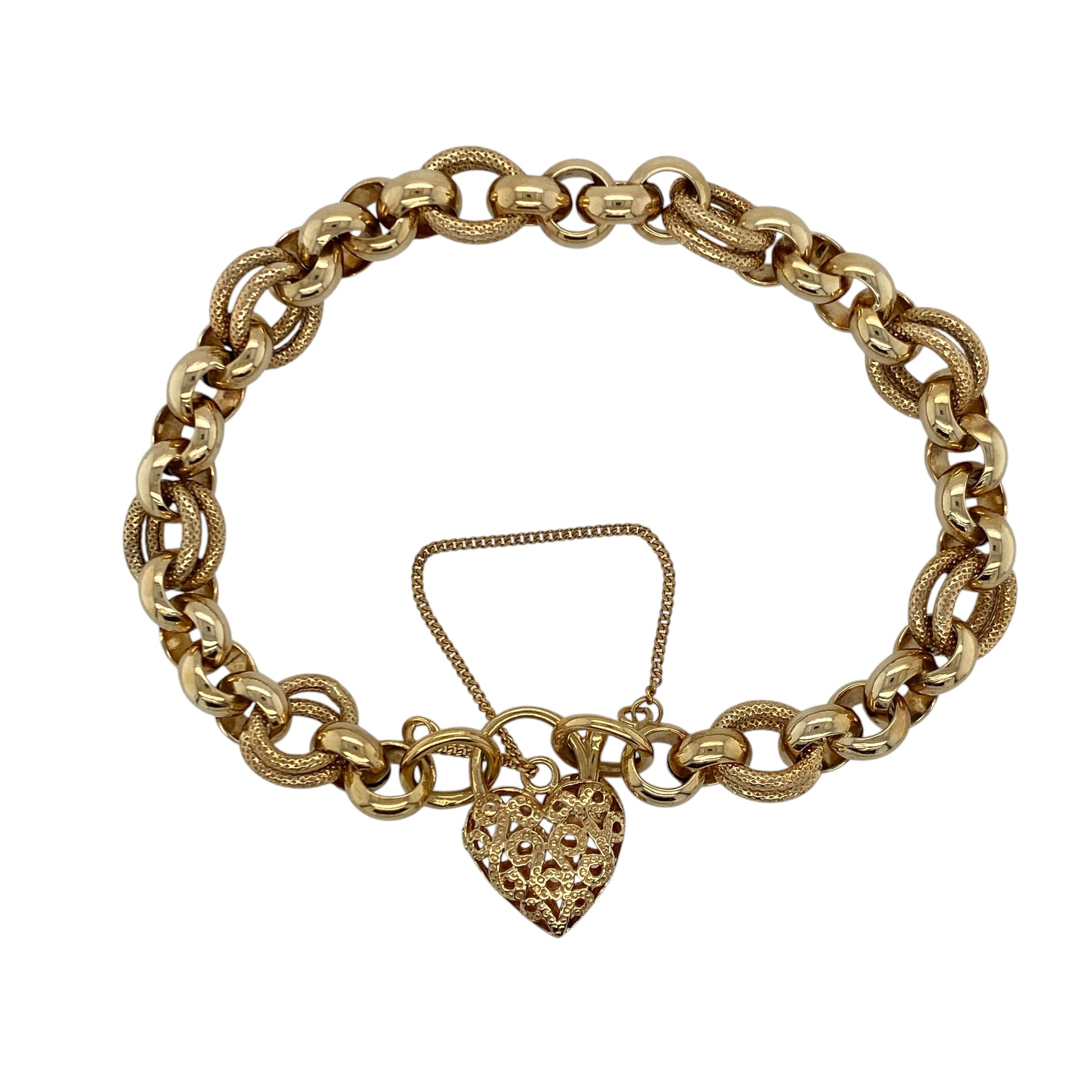9ct Gold 8" Textured Belcher Heart Padlock Bracelet