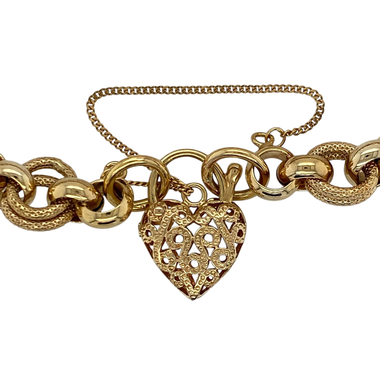Make a statement with this pre-owned 9ct yellow gold textured belcher heart padlock bracelet, a timeless vintage-inspired piece that combines bold styling with classic elegance.

Design: This eye-catching bracelet features substantial textured belcher links finished with a traditional heart-shaped padlock clasp, creating a timeless design that has remained a favourite for generations.