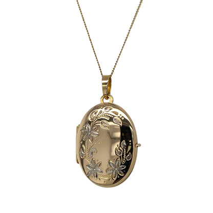 9ct Gold Flower Patterned Oval Locket 19" Necklace