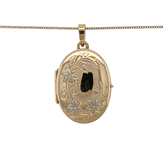 Keep treasured memories close with this pre-owned 9ct yellow and white gold flower patterned oval locket necklace, combining elegant two-tone gold with a timeless floral design.

Design: This beautiful necklace features an oval locket with an intricate flower pattern in contrasting yellow and white gold, suspended from a classic curb chain for a timeless and elegant look.
