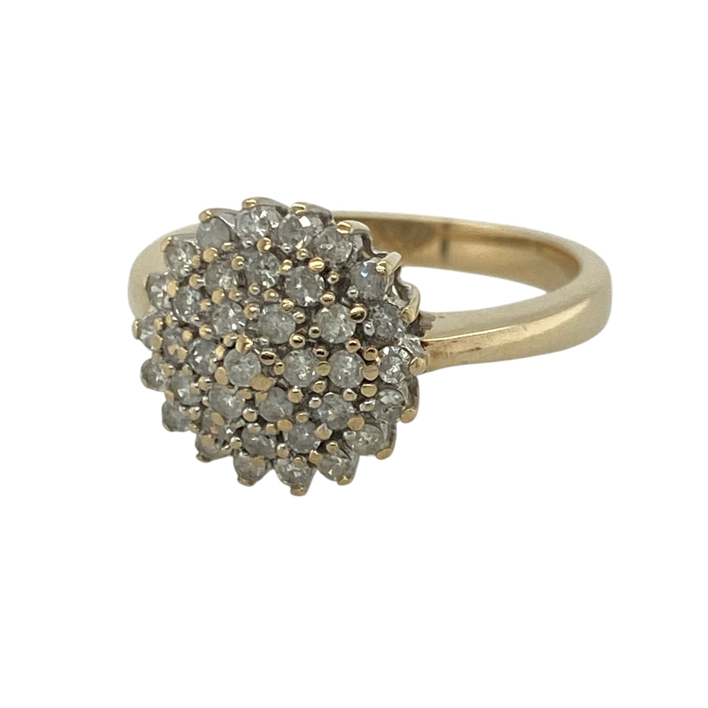Make a statement with this pre-owned 9ct yellow gold diamond cluster ring, featuring a bold cluster of sparkling diamonds that offers timeless elegance and impressive brilliance.

Design: The striking cluster design measures approximately 11mm high, creating an eye-catching focal point with a classic style that is perfect for both everyday wear and special occasions.