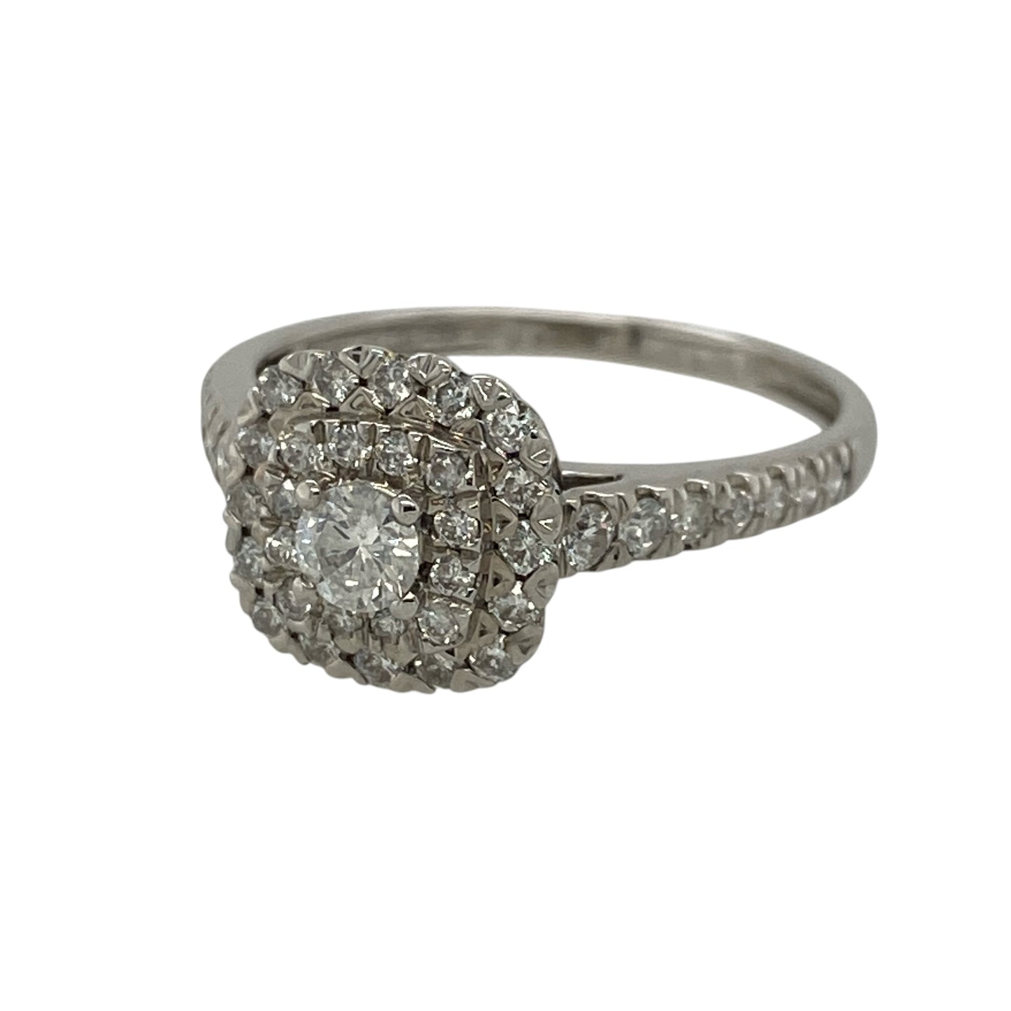 Make a lasting impression with this pre-owned 18ct white gold diamond halo cluster ring, featuring a dazzling halo of diamonds that enhances the brilliance of the centre cluster for exceptional sparkle.

Design: The elegant halo cluster design measures approximately 10mm high, creating a striking focal point with a timeless style that is perfect for both everyday wear and special occasions.