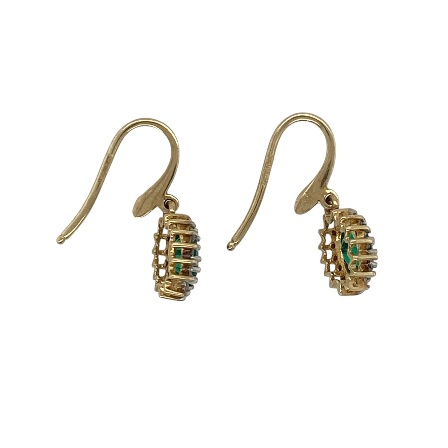 These pre-owned 9ct yellow gold diamond and green stone cluster drop earrings combine vibrant colour with sparkling diamond accents, creating an elegant design that is perfect for both everyday wear and special occasions.

Design: Each drop earring features an oval green emerald-coloured stone surrounded by a sparkling diamond cluster, creating a timeless look with graceful movement and eye-catching brilliance.