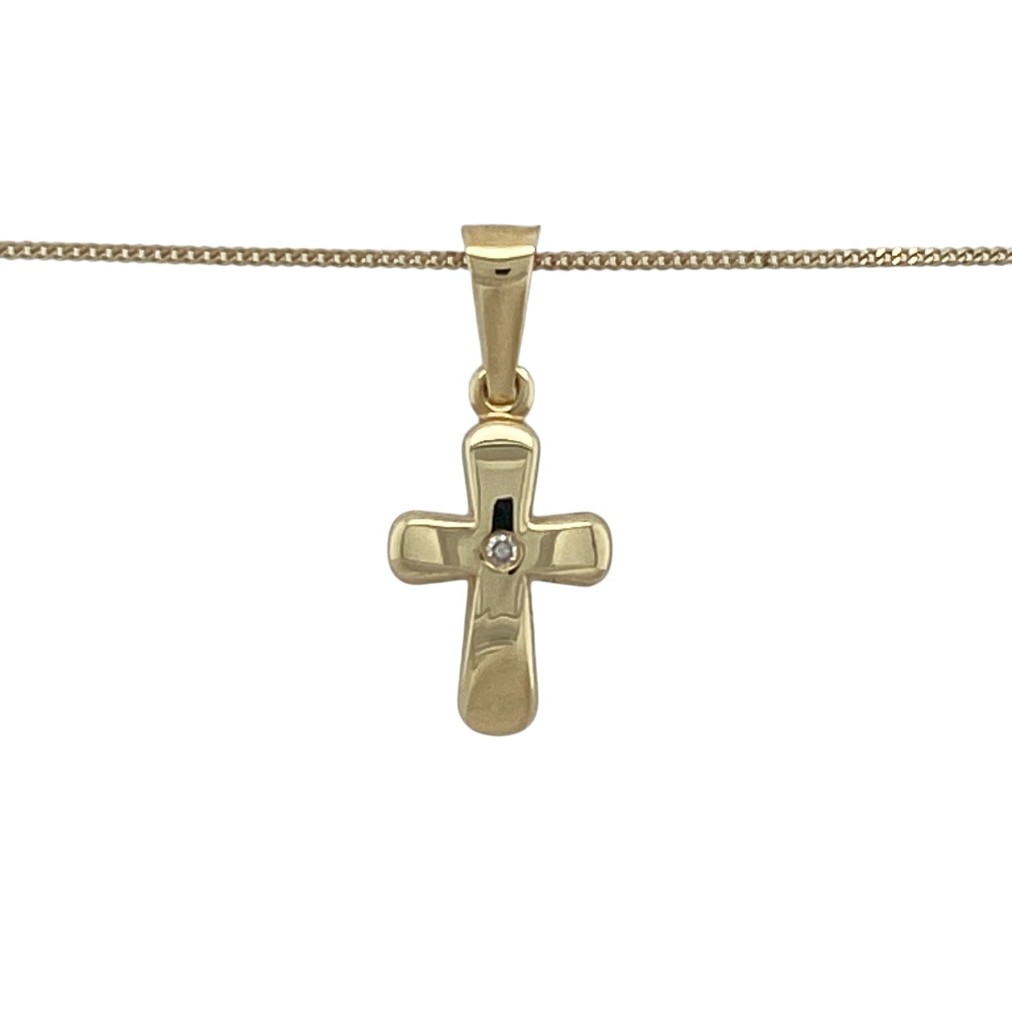 This pre-owned 9ct yellow gold diamond set cross pendant necklace offers a timeless and meaningful design, complete with a classic 16-inch curb chain for effortless everyday wear.

Design: The necklace features a small cross pendant set with sparkling diamonds, suspended from a fine 16-inch curb chain. Its understated style makes it ideal for wearing alone or layering with other favourite necklaces.