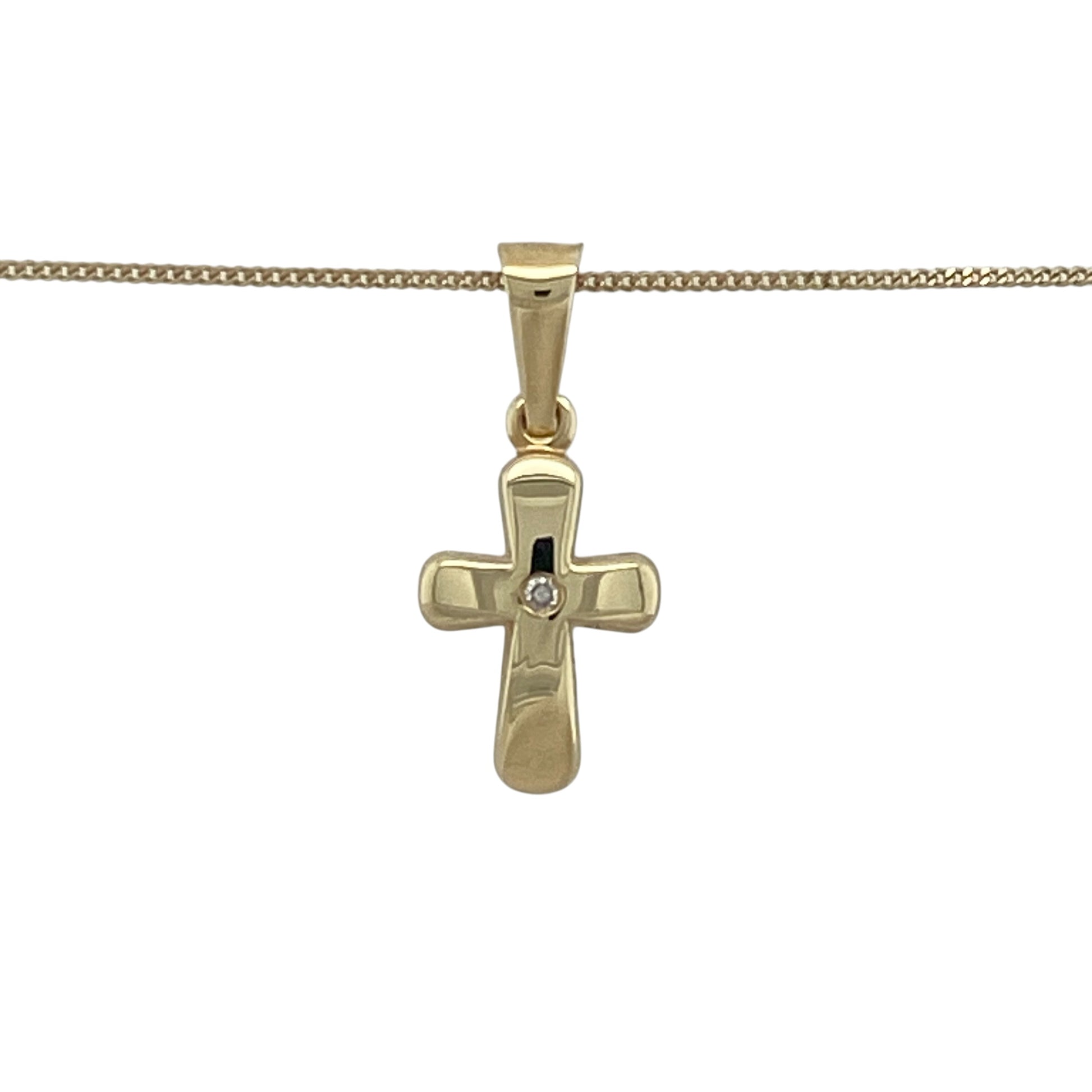 This pre-owned 9ct yellow gold diamond set cross pendant necklace offers a timeless and meaningful design, complete with a classic 16-inch curb chain for effortless everyday wear.

Design: The necklace features a small cross pendant set with sparkling diamonds, suspended from a fine 16-inch curb chain. Its understated style makes it ideal for wearing alone or layering with other favourite necklaces.