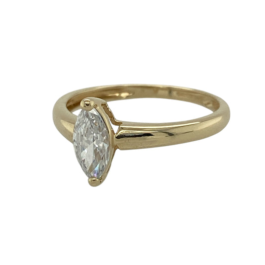 This pre-owned 14ct yellow gold solitaire ring features an elegant marquise-cut stone in a timeless setting, offering a classic look with a distinctive shape that is perfect for everyday wear or special occasions.

Design: The ring showcases a single marquise-cut stone in a traditional solitaire setting, allowing its elongated shape to take centre stage. The elegant design creates a refined look that pairs beautifully with other rings or can be worn on its own.