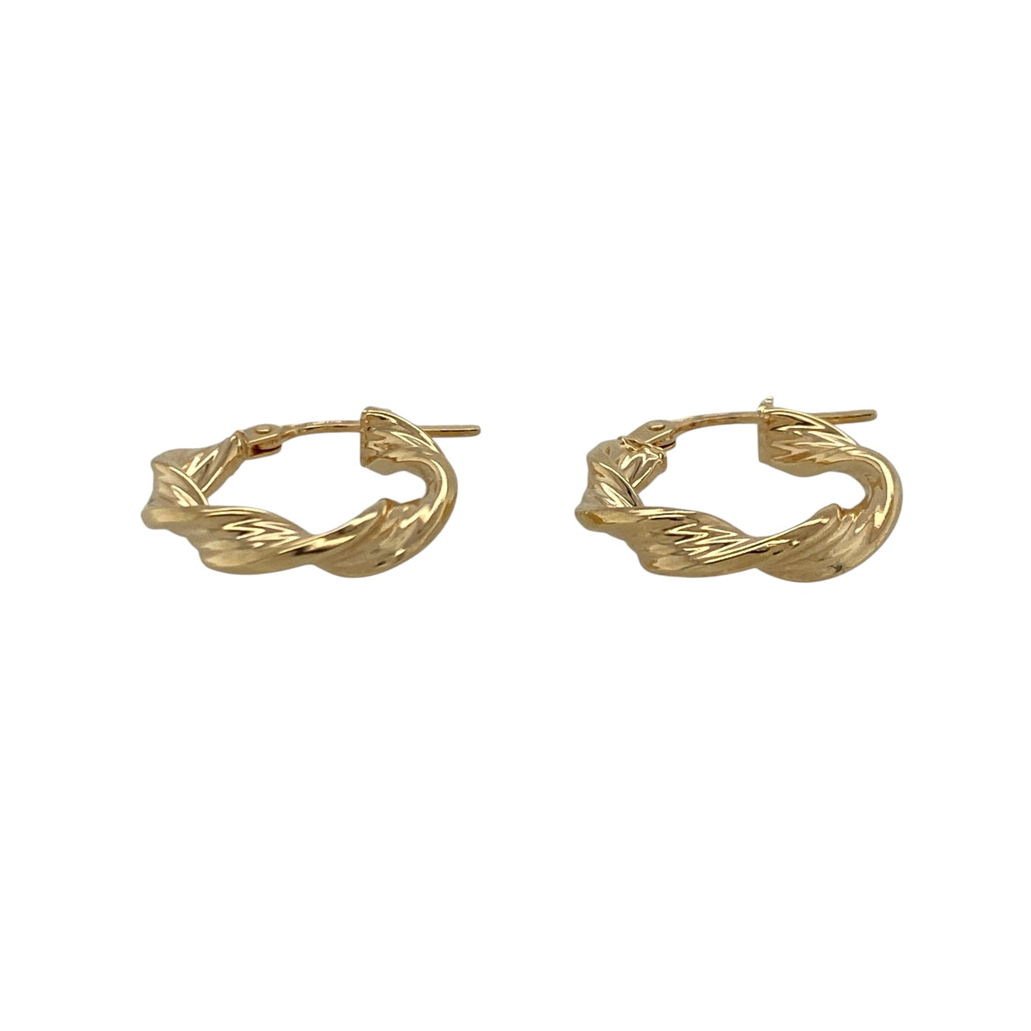These pre-owned 9ct yellow gold twisted hoop creole earrings offer a timeless look with an elegant twisted finish, making them perfect for everyday wear.

Design: The earrings feature a classic creole hoop design with a polished twisted pattern that catches the light beautifully. Their compact size makes them comfortable to wear while adding a touch of style to any outfit.
Material: Made from 9-carat yellow gold.