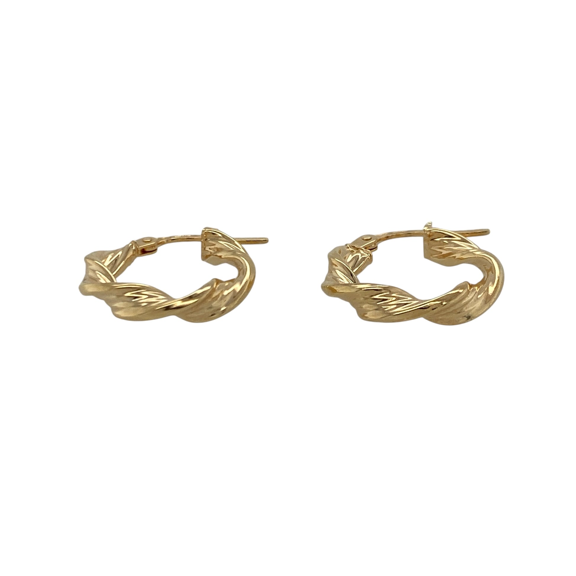 These pre-owned 9ct yellow gold twisted hoop creole earrings offer a timeless look with an elegant twisted finish, making them perfect for everyday wear.

Design: The earrings feature a classic creole hoop design with a polished twisted pattern that catches the light beautifully. Their compact size makes them comfortable to wear while adding a touch of style to any outfit.
Material: Made from 9-carat yellow gold.