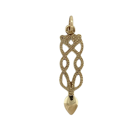 This pre-owned 9ct yellow gold heart Celtic lovespoon pendant combines two traditional Welsh symbols in a meaningful and timeless design.

Design: The pendant features a heart-shaped Celtic lovespoon with intricate detailing and a polished finish, symbolising love, loyalty and Welsh heritage. Its classic design makes it suitable for everyday wear or as a thoughtful gift.
Material: Made from 9-carat yellow gold.